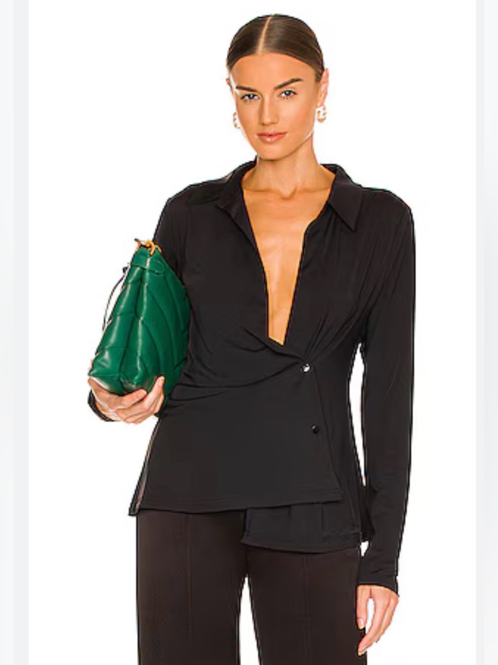 REVOLVE L'Academie Black Draped Button-Front Wrap Shirt